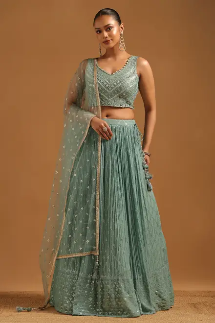 Turquoise Blue Dupion Embellished Lehenga With Cutdana